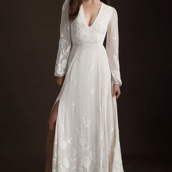 BHLDN Anthropologie Nassau DeepV Embroidered Side Slit Wedding Gown Ivory Size18 - Picture 1 of 11